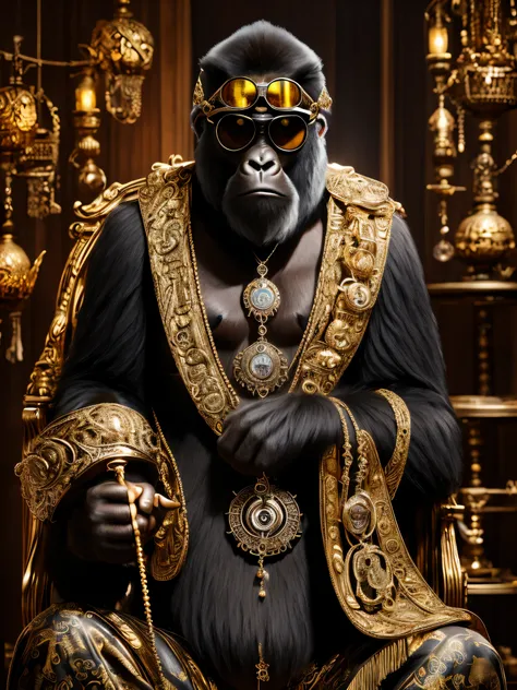 masterpiece, best quality, photo realistic ,fashionmonkey, gorilla, eye wear on head, gears, gem, goggles , gold, jewelry, magic circle,male_focus, owl, pants, shoes, sunglasses, tassel, throne,