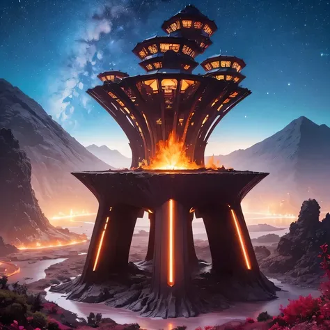 Alien Hexagonal Base (very detailed nipples) In a hexagonal mountain oasis，There are several hexagonal exhaust fans and chimneys, some neon lights projecting from the base，Light up the dark night), There are some clouds in the night sky, Some surrounding p...