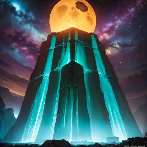 Alien Hexagonal Base (very detailed nipples) In a hexagonal mountain oasis，There are several hexagonal exhaust fans and chimneys, some neon lights projecting from the base，Light up the dark night), There are some clouds in the night sky, Some surrounding p...