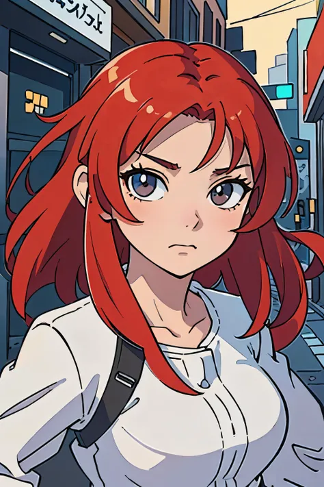 (best-quality:0.8), (best-quality:0.8), perfect anime illustration, extreme closeup portrait of a pretty woman, red hair, walking through the city