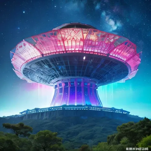 Alien Hexagonal Base (very detailed nipples) In a hexagonal mountain oasis，There are several hexagonal exhaust fans and chimneys, some neon lights projecting from the base，Light up the dark night), There are some clouds in the night sky, Some surrounding p...