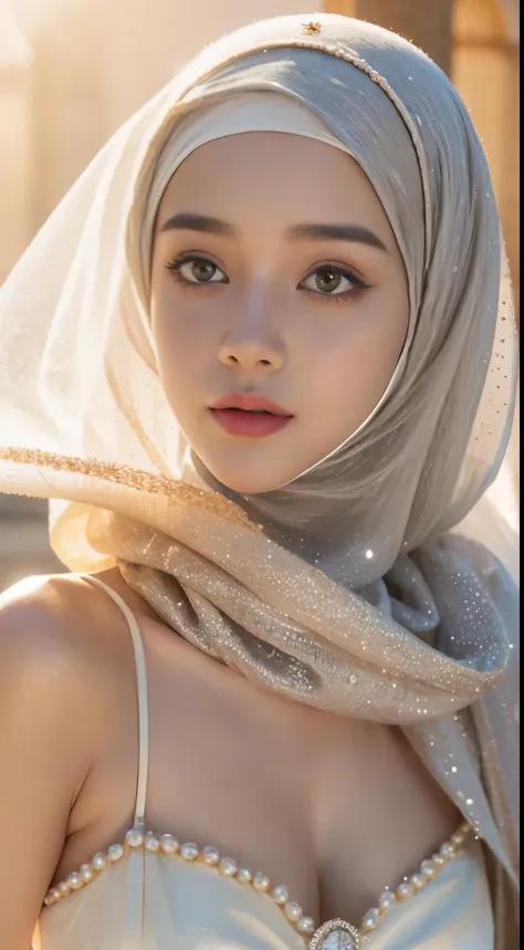 nsfw,Dilraba Dilmurat, face veil, hijab, jilbab, muslim face mask, mouth veil, freckles, eyes mascara, masterpiece, best quality, photorealistic, glowing sparkly skin, soft lighting, voluptuous, cleavage, windy desert, blowing swirling sand grains, sunny b...