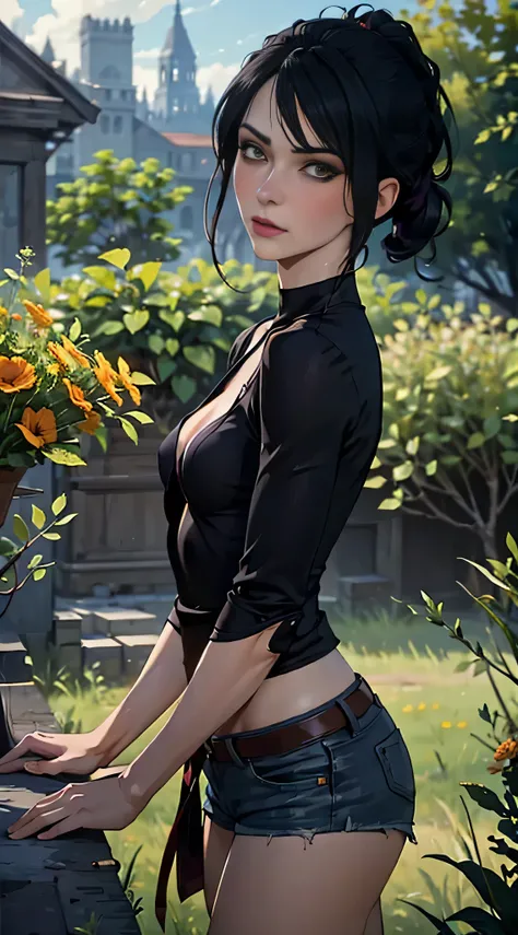 Morrigan, masterpiece, highest quality, RAW, analog style, a stunning photo of a (beautiful woman), (black top:1.4), (denim shorts), (small breasts:1.6), (planting plants), (int the garden), (highly detailed skin, skin details), (highly detailed face and e...