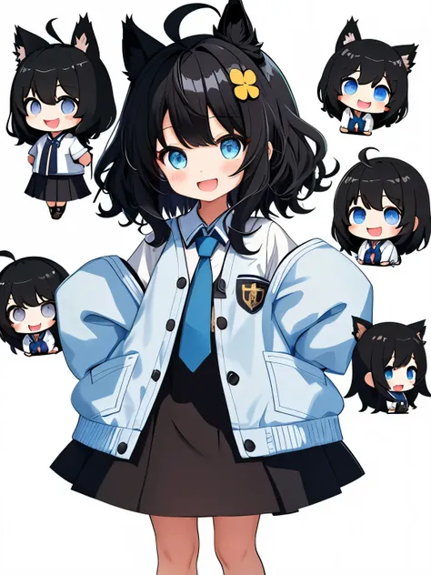 1girl with, Open mouth, Smile, Virtual Youtuber、girl with、((Best Quality, high_resolution, Distinct_image)),(Black hair), (Black cat ears), (Ahoge), (absurdly short hair), (Wavy Hair), (Blue eyes),、A smile、((concept-art))、Dressed in student uniform。wore a ...