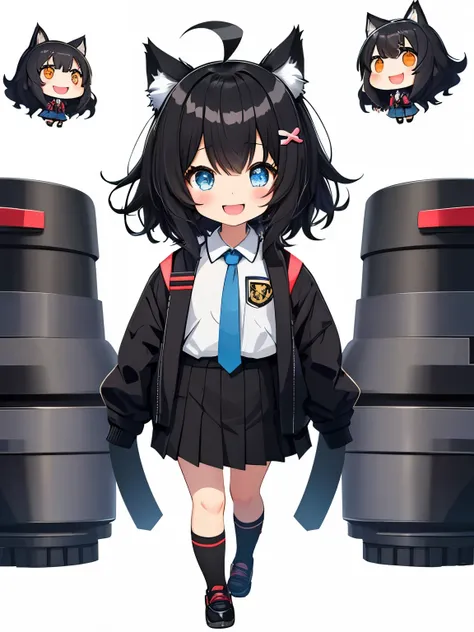 1girl with, Open mouth, Smile, Virtual Youtuber、girl with、((Best Quality, high_resolution, Distinct_image)),(Black hair), (Black cat ears), (Ahoge), (absurdly short hair), (Wavy Hair), (Blue eyes),、A smile、((concept-art))、Dressed in student uniform。wore a ...