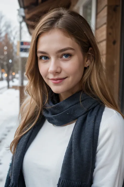 Extremely realistic blonde Russian girl with blonde hair and blue eyes, smiling at the camera, detailed clothing, winter clothing, wearing scarf