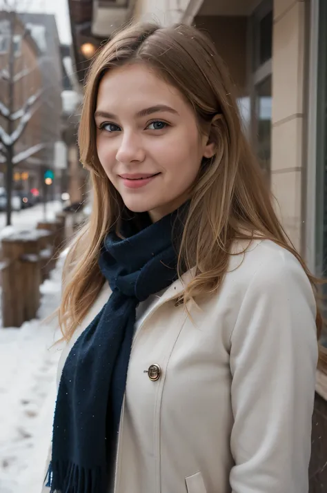 Extremely realistic blonde Russian girl with blonde hair and blue eyes, smiling at the camera, detailed clothing, winter clothing, wearing scarf