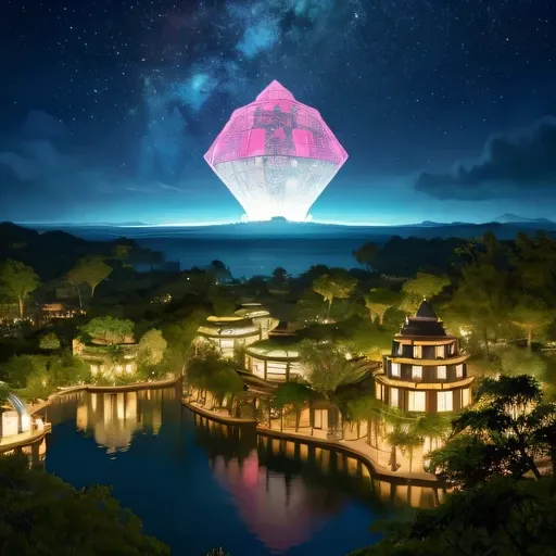 Alien Hexagonal Base (very detailed nipples) In a hexagonal mountain oasis，There are several hexagonal exhaust fans and chimneys, some neon lights projecting from the base，Light up the dark night), There are some clouds in the night sky, Some surrounding p...