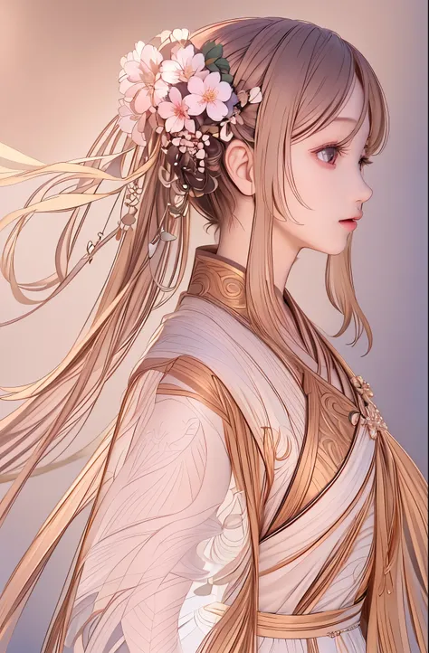 tmasterpiece，winning artwork，extremly high detail，UHD resolution，1 Sister，Pictures of women with long hair，There is a flower in his hair, Wearing Gorgeous Costume，The contrast is very strong，美丽的line art, clean line art, 精美的line art, intricate line art, 详细的...