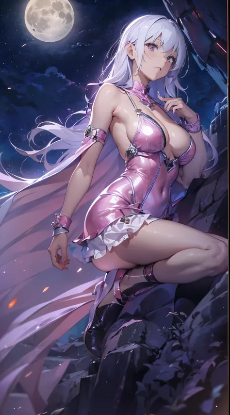 One lady,14years,((White hair) ,((())), ((Normal breasts)), (())(()),(Shiny pink bodysuit and microskirt))),,((Fantasy,Moon Night))(())