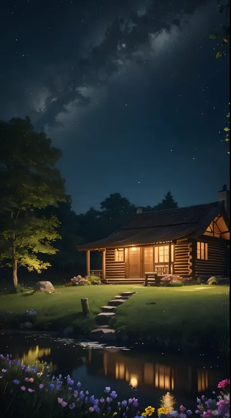 Countryside at night，Winding cobblestone roads（1.4），The roadside is overgrown with flowers（1.2）。There is a log cabin in the distance，The lights inside the house shine through the windows in the pond behind the house。Fireflies land on flowers。Estilo de Mako...