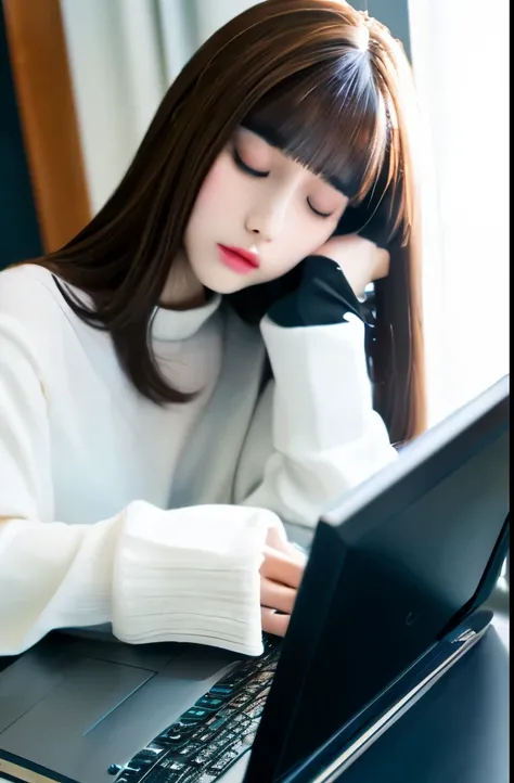 Mannequin doll with white face and body(Wearing long sleeves　Brown hair　Straight hair　Bangs Patsun　elongated face)　sleeping on the computer keyboard