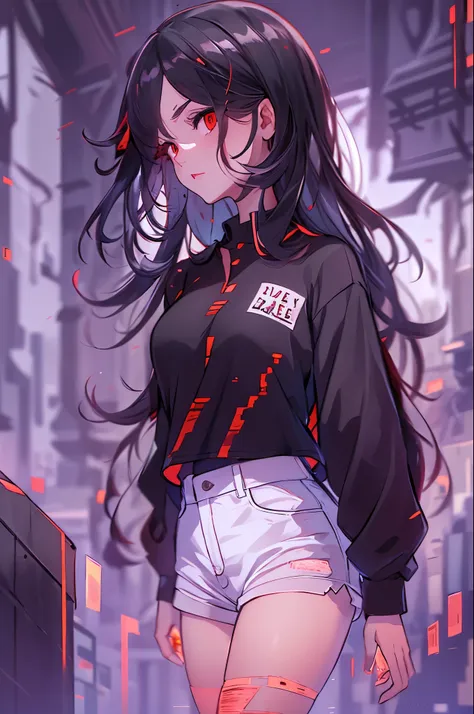 highly detailed, high quality, masterpiece, beautiful, glitchingbodypart, solo, 1girl, red eyes, black hair, long hair, shirt, w...