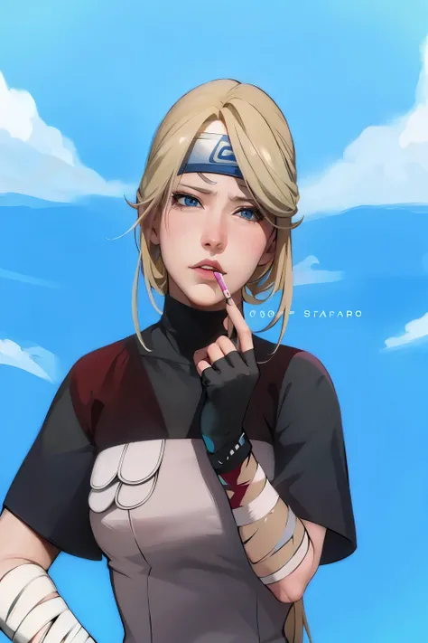 a woman with a cigarette in her hand and a blue sky in the background, high quality fanart, haruno sakura, sakura haruno, trigger anime artstyle, semirealistic anime style, in an anime style, realistic anime artstyle, tsunade from naruto, anime realism sty...