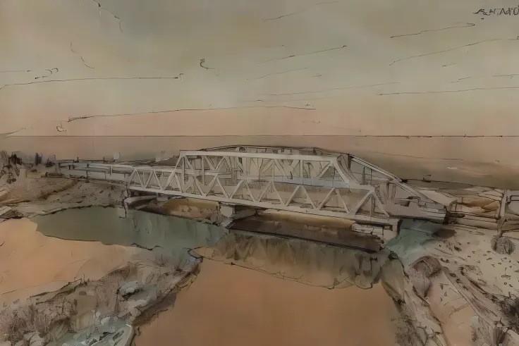 linear, gray in color, white Background,  Background, Sketch, Sketch, pen_Sketch_style of,Arafed train on rails , Arafed Bridge over a pond with a train on it, Bridge over water, by Karl Völker, City Bay Bridge Aqueduct, Filmed from a drone, Overhead view,...