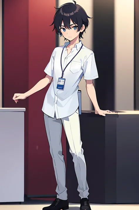 ((best quality)), ((masterpiece)), (high quality:1.1), 1man, solo, (male:2), teenage male, age 15, happy, solo, anime face, (anime:1.2), (detailed eye:1.5), clear eyes, quality eyes, (Untucked Shirt:1.5), student, white school shirt (plain white), short sl...