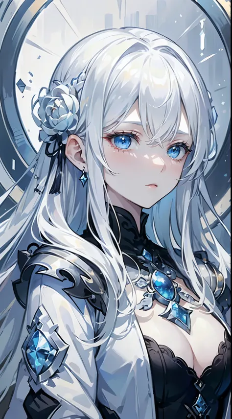 masutepiece, ighly detailed, Ultra-detailed, Cold, Solo, (1womanl), (pale skin), Icy Blue Eyes, Frosty white hair, young  woman, medium breasts, Goddess, cool kuudere woman, (科幻小说), (Modern casual clothing), sleepy, lazy, Flat expression, (Dress politely),...