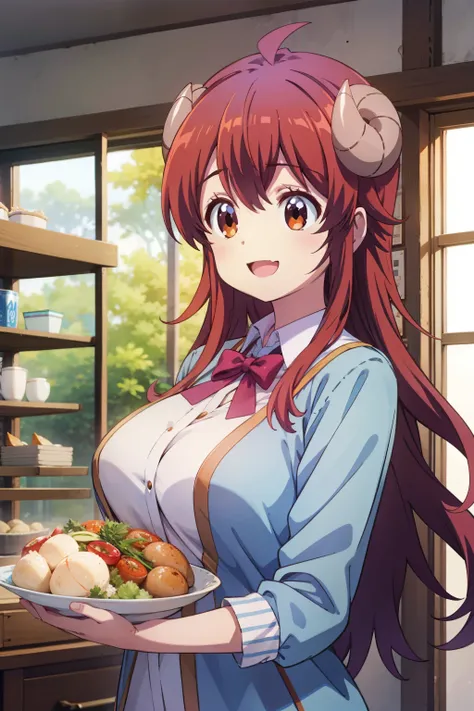 absurdres, highres, (official art, beautiful), best quality, ultra detail, yuuko yoshida, hug, food, happy, ((large breasts))