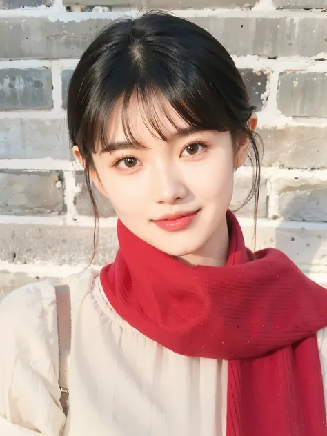 girl wearing red scarf,Facing the audience,Young girls,Qi bangs,lee ji eun, Lee Ji-eun, Rin Harusaka, Parking distance - minutes, Cui Xianhua, The face is slightly younger, Beautiful skins,(A high resolution), (8K), (A detailed face), looking at viewert, d...