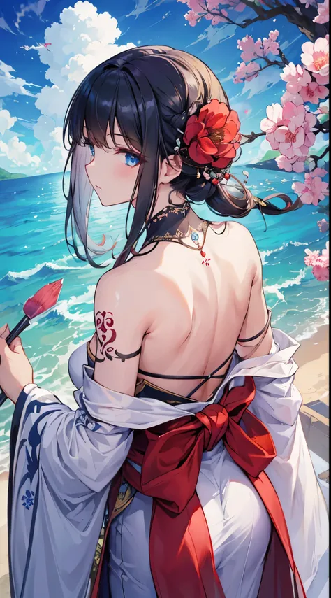 (​masterpiece, Superior Quality, top-quality, offcial art, Beautiful and aesthetic: 1.2), 1girl in, tattoo, Solo, Japanese dress, hair adornments, desemscabbardmento, A dark-haired, scabbard, tattoo nas costas, blue eyes, Off the shoulders, bare shoulders​...