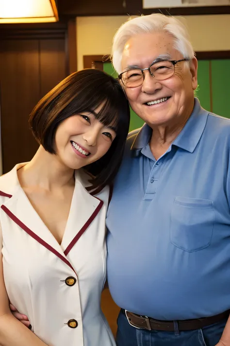 A couple of a 20-year-old busty Japanese beauty and a 60-year-old dandy white-haired man..、Japan Room、Arms crossed、chum、is smiling towards the camera、high-level image quality