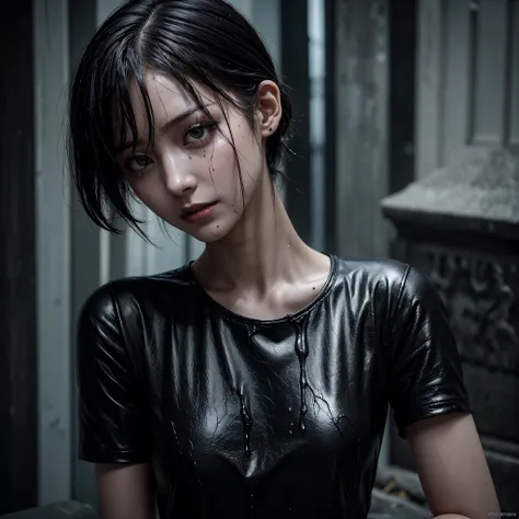 1 girl, wet skin, sinister, female, thin, pale, looking at the camera, ultra realistic, fully detailed, cemetery environment, bright eyes, black shirt,   putrid wounds, , terrifying, bruised by the body,  slight smile, super detailed, black short hair,  up...