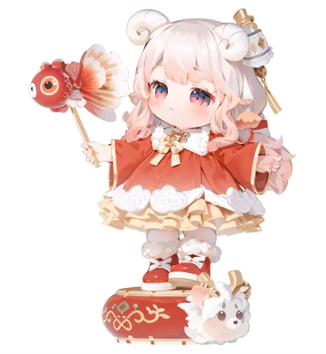 sheep horns ,lolita cute character, ,loli pictures,lalafell, sheep horns小萝莉女孩, 2d，Two-dimensional，，Celluloid，k hd，8K，，，structurally correct ，Q version is very cute，Chinese elements，ancient wind，Unreal Engine5，gold fish，