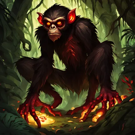 An Abomination that is spider-monkey-like with dark brown fur and crimson feet hands with a twisted crimson face and glowing gold eyes, background nightmarish jungle, in dungeons and dragons art style