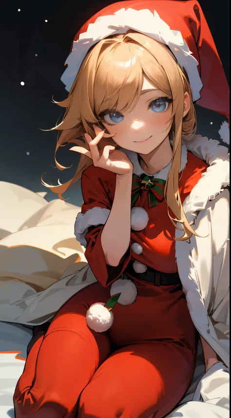 Intricate details: 1.2, ultra-detailliert、Ultra-high resolution、(Detailed eyes and detailed face:1.3), 独奏、(Christmas:1.3), 1girl in、Sitting on a white bed、Kamimei、Dressed in Santa Claus costume、ベッドの側にChristmasツリーがあります、ベッドの上にChristmasプレゼントがあります、pantomime ar...