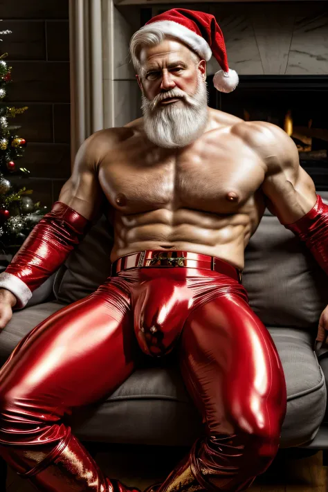 8k realistic, santa claus, 60 years old, white hair, shirtless, sitting on couch beside fireplace, wearing red tight shiny pants and red boots, big bulge, hairy, bulgeJ8,