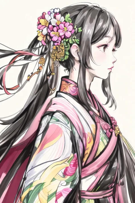 Pictures of women with long hair，A flower in his hair, 美丽的line art, clean line art, perfect line art, line art behance hd, extremely fine ink line art, 精美的line art, hyper 详细的line art, intricate line art, line art, 详细的line art, bold line art, flowing hair a...