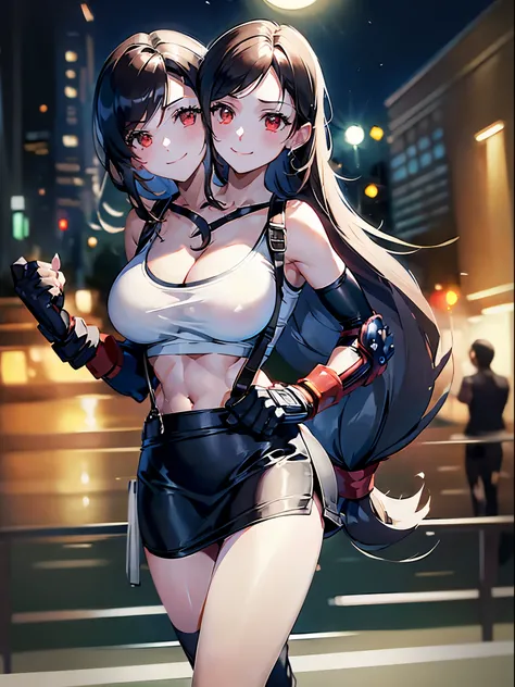 (masterpiece, best quality), best resolution, (2heads:1.5), 1girl, tifa lockheart cosplay, defTifa, white crop top, elbow pad, fingerless gloves, suspenders, pencil skirt, upper body, hand on hip, confident smile, outside convention center at night