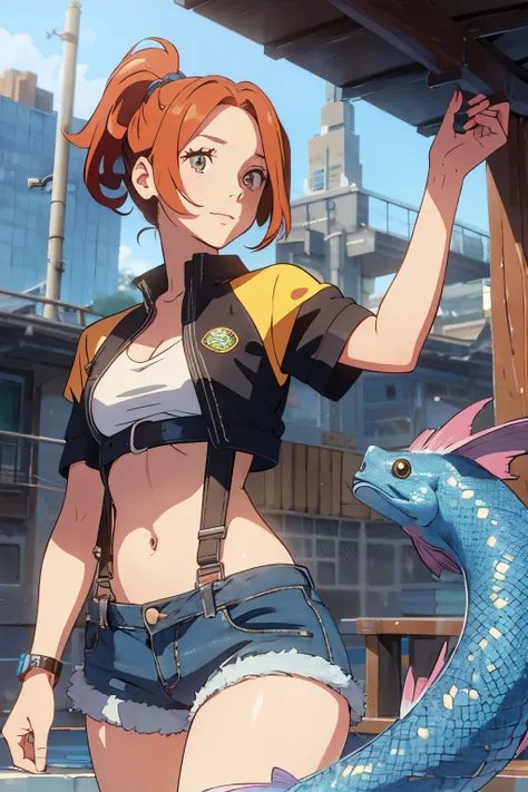 The centerpiece of the image is Misty from Pokémon, standing outdoors with a confident smile. She has orange hair styled in a side ponytail, and is wearing denim shorts with suspenders over a yellow crop top that shows off her midriff and navel. Her short ...