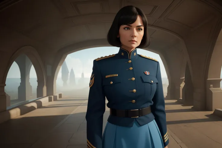 (highest resolution, distinct_Image), Best quality, Masterpiece, highly detailed, semi realistic, A woman with black shoulder-length hair, black pupils, mature, mature woman, Imperial Sister, sexy, Cheveux courts, Triple frange, uniforme bleu clair, unifor...