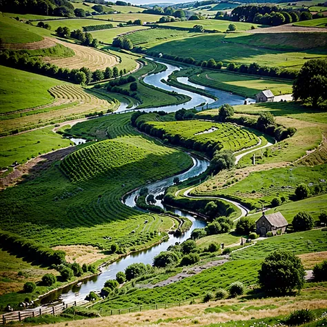 Rolling, green hills, pastoral, idyllic, countryside, meandering streams, vibrant wildflowers, grazing livestock, picturesque, high quality, photorealistic::0.7 ancient stone cottages, winding pathways, charming, peaceful, rural farmhouses, straw bales, gr...