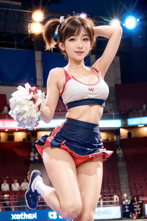 23-year-old Korean celebrity , matured and sexy, medium round breasts, cleavage, Breastbone, cheerleader, colourful cheerleader outfit, (short skirt flying), (panty exposed), arms up, full body, Eyes with beautiful details, eyeslashes, beautiful double eye...