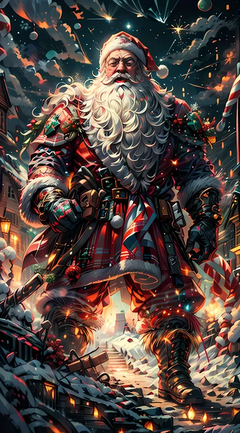 full body,(a detailed artwork), santa claus as boss of game dark souls in the christmas dlc, detailed eyes of santa claus, detai...