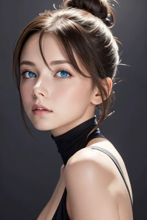 Skin Tight Black Top:1.2, Looking at Viewer, Cinematic lighting, Perfect, softlight, High resolution skin:1.2, Realistic skin texture, 14years、a small face、no-makeup、, off shoulders,Bust B Cup、Small cleavage, Blue eyes, Bun hair, dark brown  hair、fullnude、...