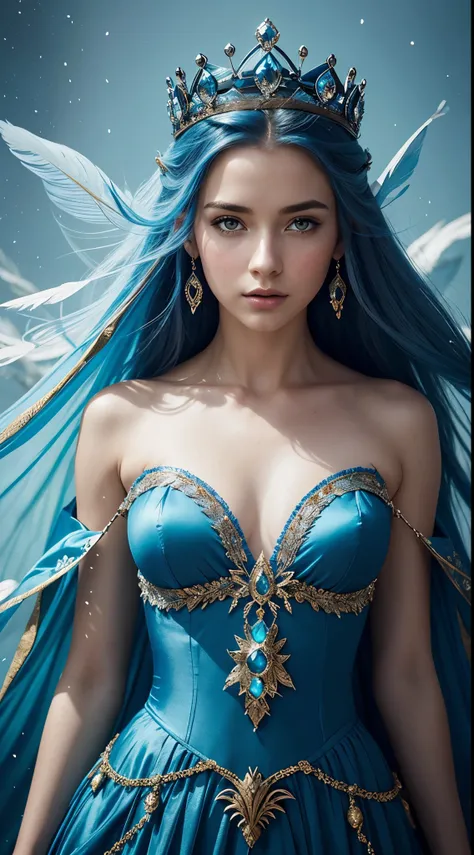 arafed woman with a crown of feathers and a blue background, beautiful fantasy art portrait, elegant elf queen, fantasy art behance, ethereal fantasy, a stunning young ethereal figure, magical young girl, 135mm, Canon, UHD, masterpiece, anatomically correc...