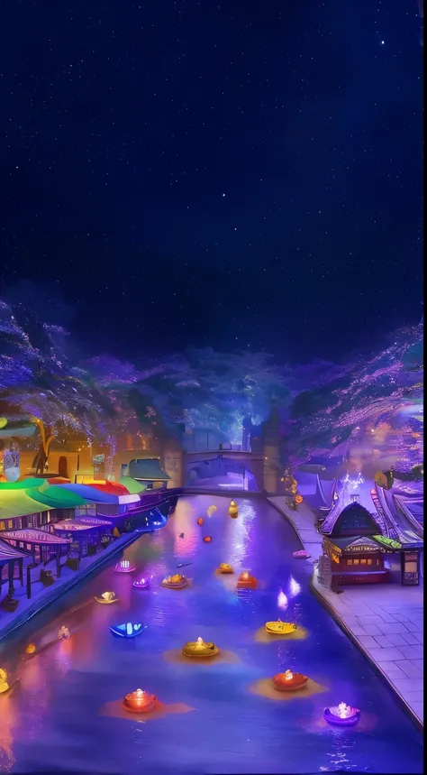 the night，Brightly lit boats float along the city&#39;s river, the night的仙境, magical colors and atmosphere, magical colors and atmosphere, concept art magical highlight, Colorful magic crystal bridge, magic area, Beautiful rendering of the Tang Dynasty, En...