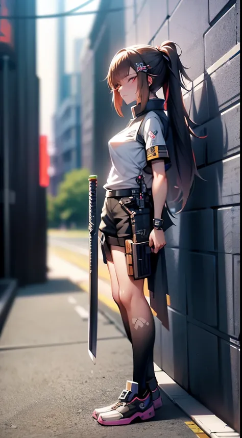 anime character with sword standing in front of graffiti covered wall, from arknights, style anime, anime style, girls frontline style, kanliu666, anime styled, anime stile, guweiz, arknights, anime style 4 k, cyberpunk anime girl, from girls frontline, we...