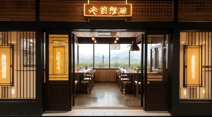 restaurant sign，rice field style，restaurant door design，big display window，It has a modern style