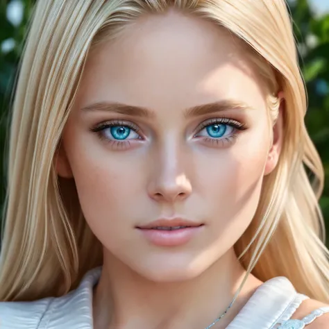 A girl, волосами blonde woman, 8K, HD, Realistic. Beautiful, highly detailed face. Realistic, HD, 8K, The dress is white, beauty s face, ((Realism)), extremely hiquality RAW photograph, ultra detailed photograph, sharp-focus, High Resolution, (detailed sk...