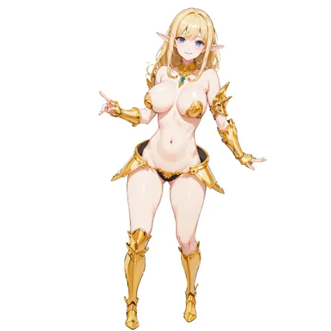 ​masterpiece、top-quality、ighly detailed、hight resolution、１６ｋ、fullnude、teats、Teetoob proportions、golden armour、Very thin skirt、Black pants、Very white skin、Beautiful fingers、Anime girl with very big breasts posing naked、Perfect Style、elvish、no-bra、Blonde blu...