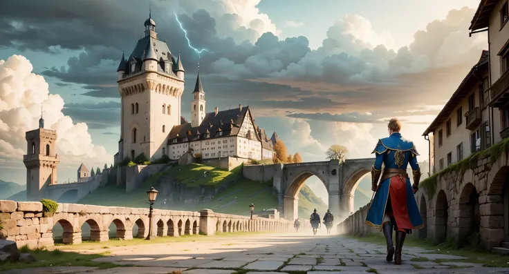 Schritt 1 - Szene: Dies ist eine magische Szene mit mehreren Charakteren. The scene depicts magnificent epic buildings and film-style landscapes, including towers, Stadtmauer, bridges, Wiesen, und Seen. There are mysterious clouds and lightning in the sky,...