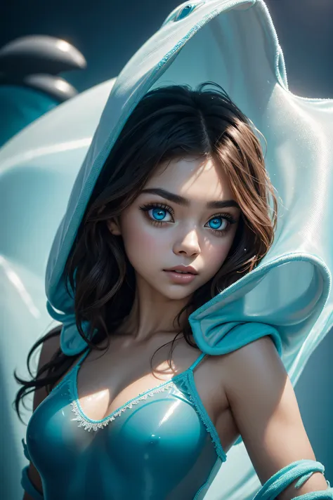 Sarah Hyland, wearing Dolphin costume sexy clothes transparent. professionally retouched, soft lighting, realistic, smooth face, perfect eyes, sharp focus on eyes, 8 k, high definition, insanely detailed, intricate, elegant. in a natural background.