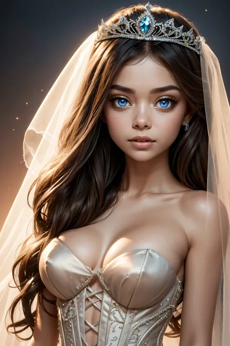 Sarah Hyland, wearing nude veil bride tiara corset sexy clothes transparent. professionally retouched, soft lighting, realistic, smooth face, perfect eyes, sharp focus on eyes, 8 k, high definition, insanely detailed, intricate, elegant. in a natural backg...