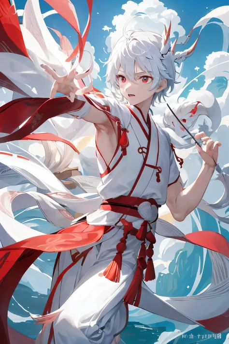 动态照明，art  stations，poster for，Volumetriclighting，Very detailed faces，4k wallpapers，Award-Awarded，(((1boys)))，long hair flowing，Dynamic perspective，white hanfu，White gauze flying，red waistband，Tradition Chinese Ink Painting，Surrounded by clouds，Ride a white...