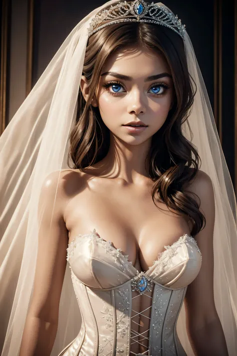 Sarah Hyland, wearing nude veil bride tiara corset sexy clothes transparent. professionally retouched, soft lighting, realistic, smooth face, perfect eyes, sharp focus on eyes, 8 k, high definition, insanely detailed, intricate, elegant. in a natural backg...