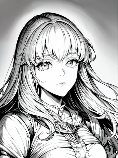 {8k image}, 1girl (solo), casca (Berserk), extremely big hair, blindfold, covered eyes, {face portrait}, front pic, just face photo, manga art style, lineart, manga lineart, no background, black and white, monochrome